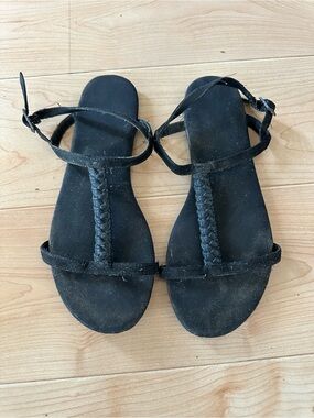 🌻 2/$10 Women Black H&M Sandals Toe Strap Braided Leather Ankle Wrap w/ Buckle 7